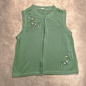Vintage 90s Embroidered Chickadee Bird Sleeveless Sweater Vest Zip Up Green Knit